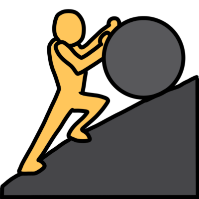  a yellow figure pushing a grey round boulder up a grey slope.